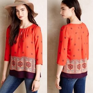 Anthropologie Maeve Women's Red Geometric Print 3/4 Sleeve Blouse Top Size 2‎